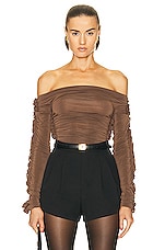 Saint Laurent Off the Shoulder Bodysuit in Terre, view 1, click to view large image.