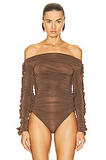 Saint Laurent Off the Shoulder Bodysuit in Terre, view 2, click to view large image.