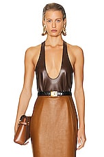 Saint Laurent Leather Plunging Tank Top in Brun Chene, view 1, click to view large image.
