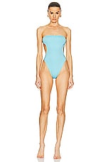 Saint Laurent Cut Out One Piece Swimsuit in Bleu Topaze, view 1, click to view large image.