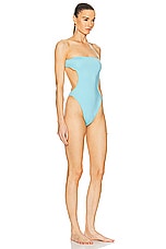 Saint Laurent Cut Out One Piece Swimsuit in Bleu Topaze, view 2, click to view large image.