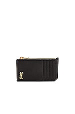 Saint Laurent Tiny Monogramme Zipped Fragments Card Holder in Nero, view 1, click to view large image.
