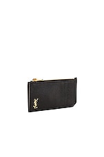 Saint Laurent Tiny Monogramme Zipped Fragments Card Holder in Nero, view 3, click to view large image.