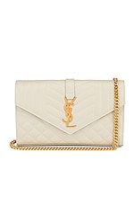 Saint Laurent Mini Envelope Chain Wallet Bag in Crema Soft & Crema Soft, view 1, click to view large image.