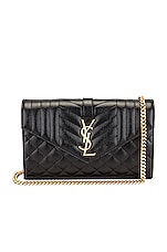 Saint Laurent Mini Envelope Chain Wallet Bag in Nero, view 1, click to view large image.