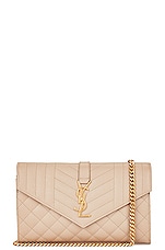 Saint Laurent Envelope Wallet on Chain Bag in Dark Beige, view 1, click to view large image.