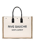 Saint Laurent Rive Gauche Tote Bag in Greggio, Naturale, & Nero, view 1, click to view large image.