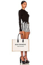 Saint Laurent Rive Gauche Tote Bag in Greggio, Naturale, & Nero, view 2, click to view large image.