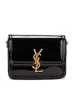 Saint Laurent Small Solferino Patent Monogramme Satchel Bag in Nero & Nero, view 1, click to view large image.