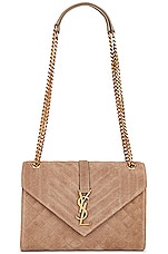 Saint Laurent Medium Envelope Chain Bag in Greyish Brown, view 1, click to view large image.