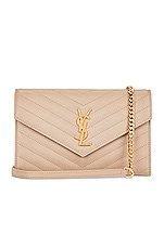 Saint Laurent Cassandra Envelope Chain Wallet Bag in Dark Beige, view 1, click to view large image.