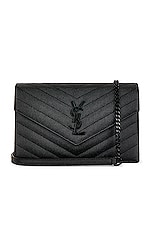 Saint Laurent Cassandra Envelope Chain Wallet Bag in Noir, view 1, click to view large image.