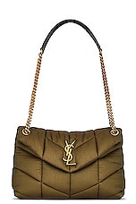 Saint Laurent Small Puffer Chain Bag in Military Green & Nero, view 1, click to view large image.