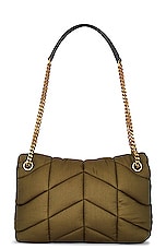Saint Laurent Small Puffer Chain Bag in Military Green & Nero, view 3, click to view large image.