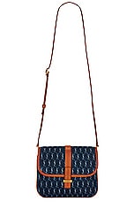 Saint Laurent Small Monogramme All Over Satchel Bag in Navy Blue, Craie, & Brick, view 1, click to view large image.