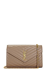 Saint Laurent Cassandre Classic Chain Wallet Bag in Dusty Grey, view 1, click to view large image.