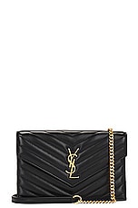 Saint Laurent Cassandre Envelope Chain Wallet Bag in Noir, view 1, click to view large image.