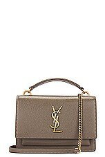 Saint Laurent Top Handle Sunset Chain Wallet Bag in Warm Taupe, view 1, click to view large image.