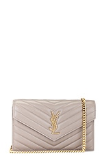 Saint Laurent Cassandre Envelope Chain Wallet in Greyish Brown, view 1, click to view large image.