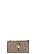 Saint Laurent Cassandre Fragments Zipped Card Case in Greyish Brown, view 1, click to view large image.