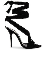 Saint Laurent Gippy Suede Lace Up Sandal in Nero, view 1, click to view large image.