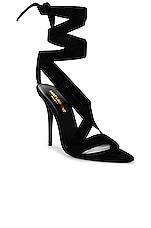 Saint Laurent Gippy Suede Lace Up Sandal in Nero, view 2, click to view large image.