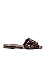 Saint Laurent Tribute Flat Sandal in Barolo, view 1, click to view large image.