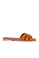 Saint Laurent Tribute Flat Sandal in Amber, view 1, click to view large image.