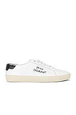 Saint Laurent Court Classic Signature Sneakers in Blanc Optique & Nero, view 1, click to view large image.