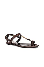 Saint Laurent Cassandra Flat Sandals in Dark Chocolate, view 3, click to view large image.