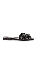 Saint Laurent Tribute Nu Pieds Embossed Croc Flat Sandals in Noir, view 1, click to view large image.