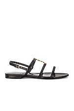 Saint Laurent Cassandra Leather Flat Sandals in Nero, view 2, click to view large image.