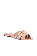 Saint Laurent Tribute Flat Sandal in Beige Rose, view 2, click to view large image.