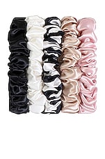 slip Midi Scrunchie 5 Pack in Black, Caramel, White, Pink & Navy Stripe, view 2, click to view large image.