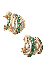 Siena Jewelry Multi Hoop Huggie Earring in 14k Yellow Gold, Diamond, & Emerald, view 1, click to view large image.