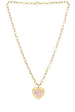 Siena Jewelry Heart Charm Necklace in 14k Yellow Gold, Diamond, & Pink Sapphire, view 1, click to view large image.