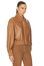 Shoreditch Ski Club Leather Bomber Jacket in Camel, view 3, click to view large image.