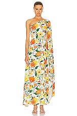 Stella McCartney Garden Print One Shoulder Cape Dress in Multicolor Orange, view 1, click to view large image.