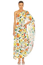 Stella McCartney Garden Print One Shoulder Cape Dress in Multicolor Orange, view 5, click to view large image.