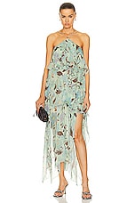 Stella McCartney Garden Print Frill Long Dress in Multicolor Mint, view 1, click to view large image.
