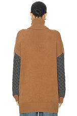 Stella McCartney Oversized Paneled Cable Turtleneck Sweater in Camel & Grey, view 3, click to view large image.