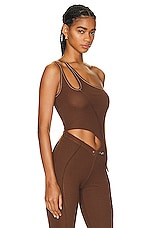 SAMI MIRO VINTAGE Asymmetric One Shoulder Tank Top in Double Dyed Brown, view 2, click to view large image.