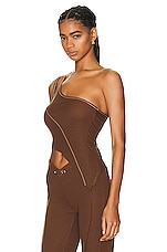 SAMI MIRO VINTAGE Asymmetric One Shoulder Tank Top in Double Dyed Brown, view 3, click to view large image.