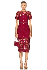 self-portrait Guipure Lace Button Midi Dress in Red, view 1, click to view large image.