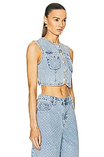 self-portrait Rhinestone Denim Crop Top in Light Blue, view 2, click to view large image.