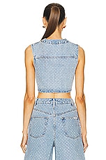 self-portrait Rhinestone Denim Crop Top in Light Blue, view 3, click to view large image.