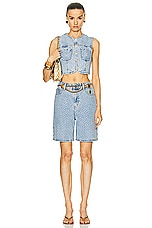 self-portrait Rhinestone Denim Crop Top in Light Blue, view 4, click to view large image.