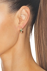 STONE AND STRAND Luxe Diamond Huggie Earrings in 10k Yellow Gold, Emerald, & White Diamond, view 2, click to view large image.