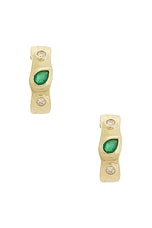 STONE AND STRAND Luxe Diamond Huggie Earrings in 10k Yellow Gold, Emerald, & White Diamond, view 4, click to view large image.