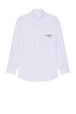 Sporty & Rich S.R. Sport Oversized Shirt in White & Navy, view 1, click to view large image.